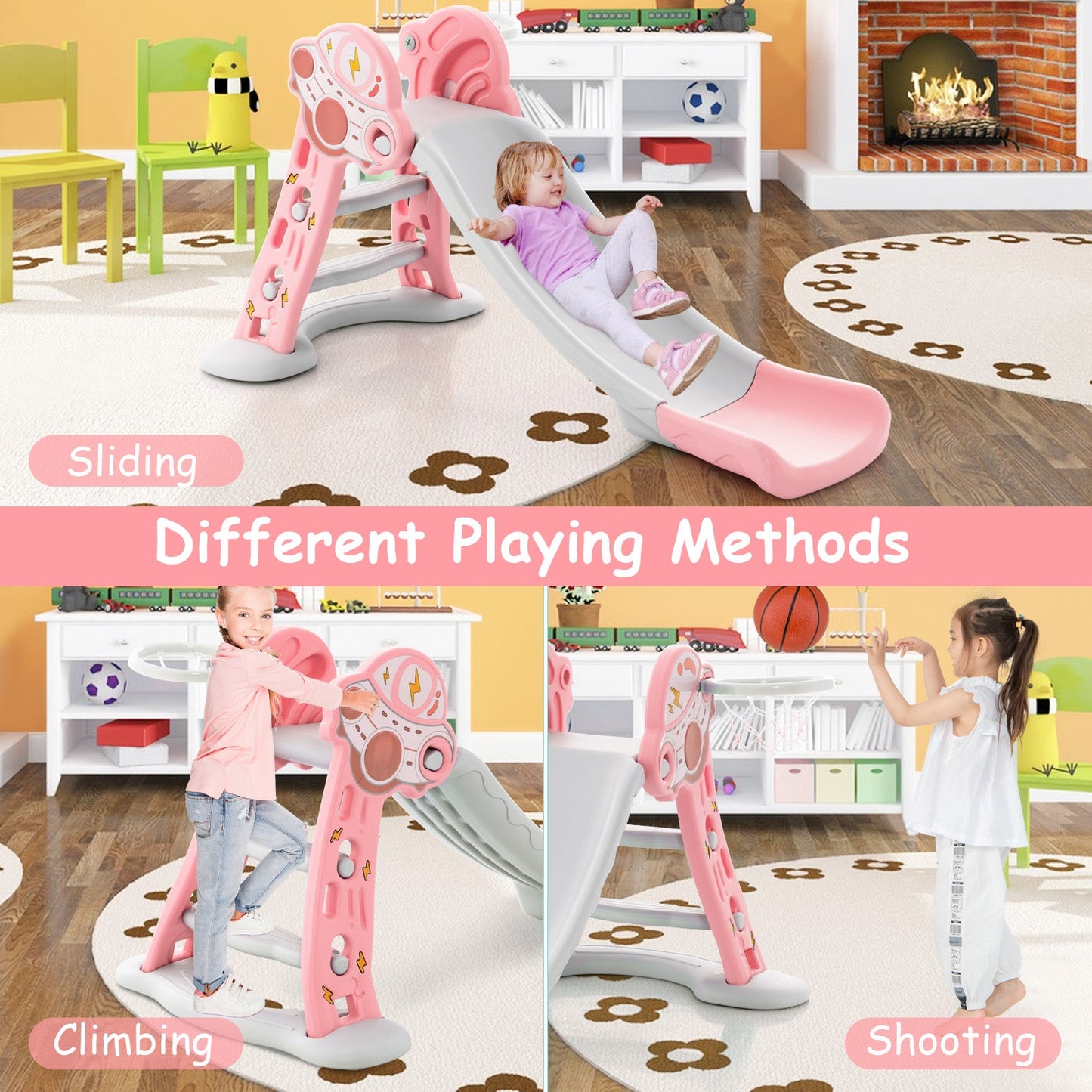 Aire de jeux pliable 3-en-1 avec panier de basket - Rose