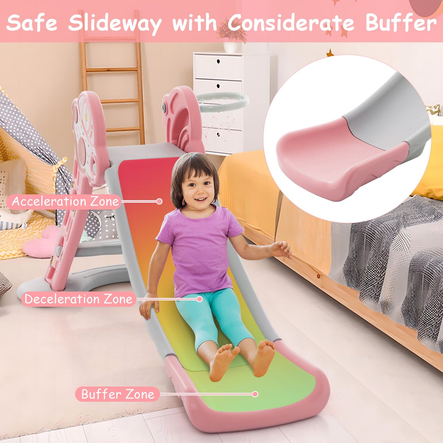 Aire de jeux pliable 3-en-1 avec panier de basket - Rose