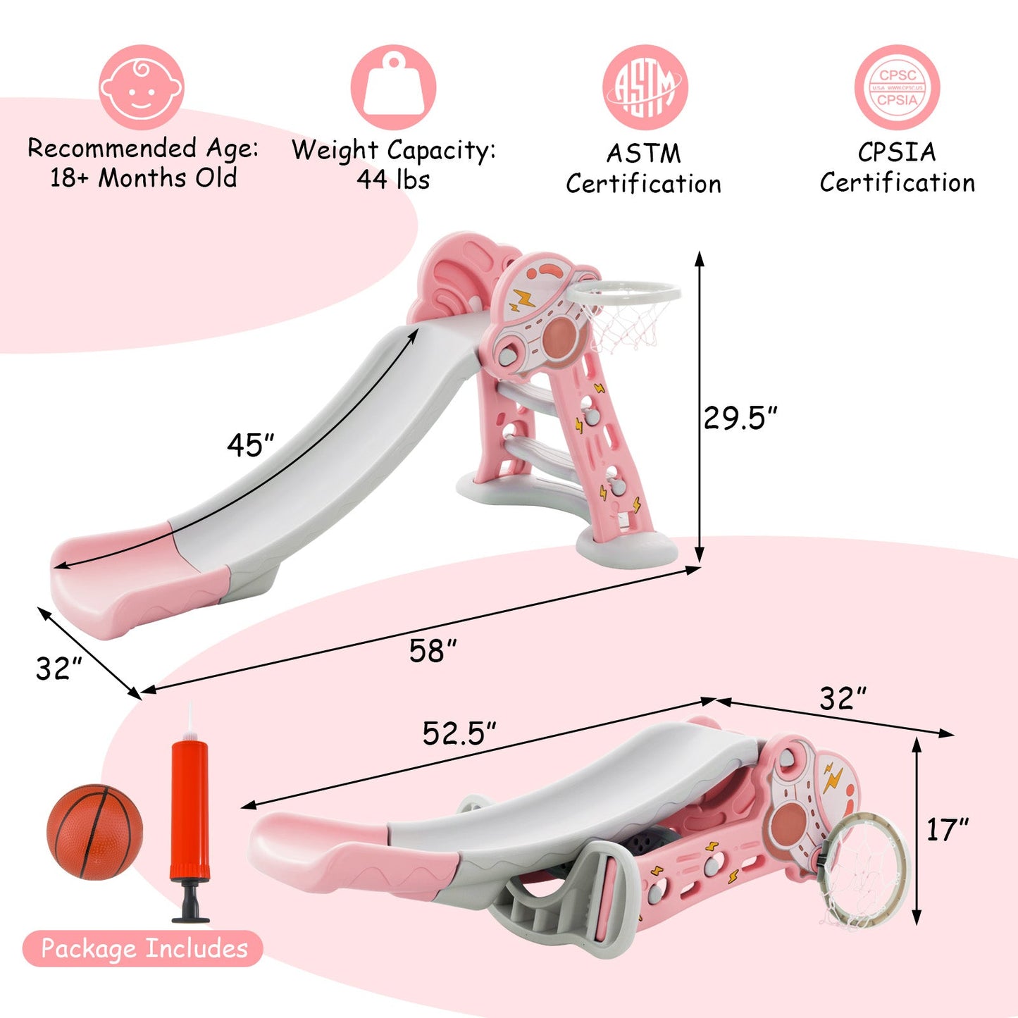 Aire de jeux pliable 3-en-1 avec panier de basket - Rose