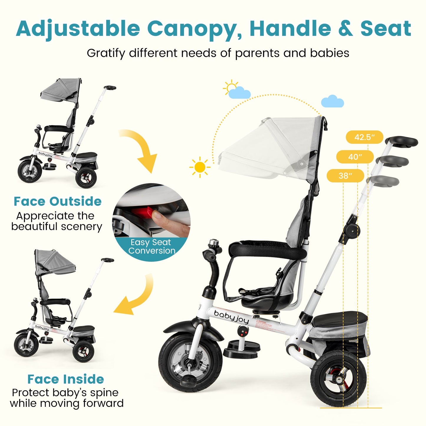 Folding Tricycle Baby Stroller with Reversible Seat - Gray