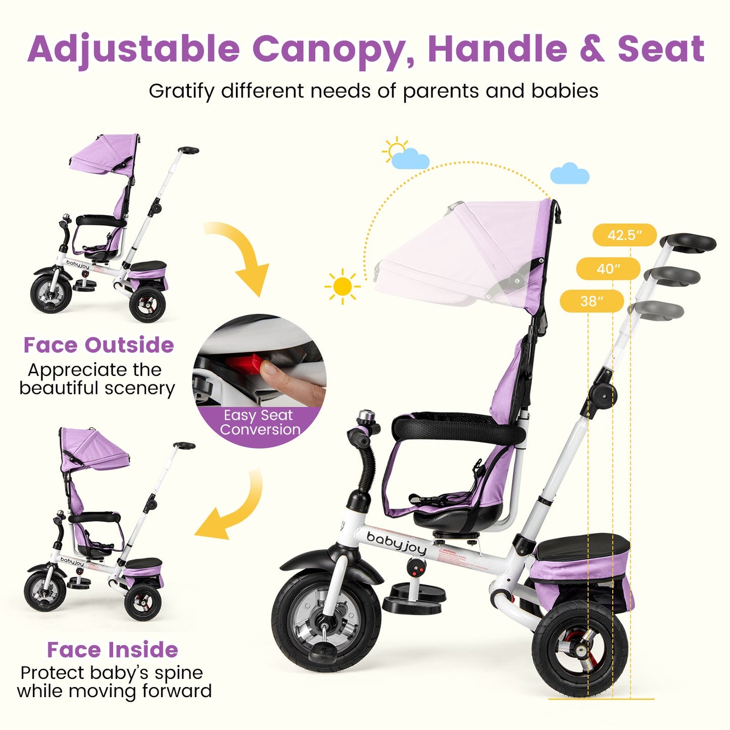 Folding Tricycle Baby Stroller with Reversible Seat - Pink