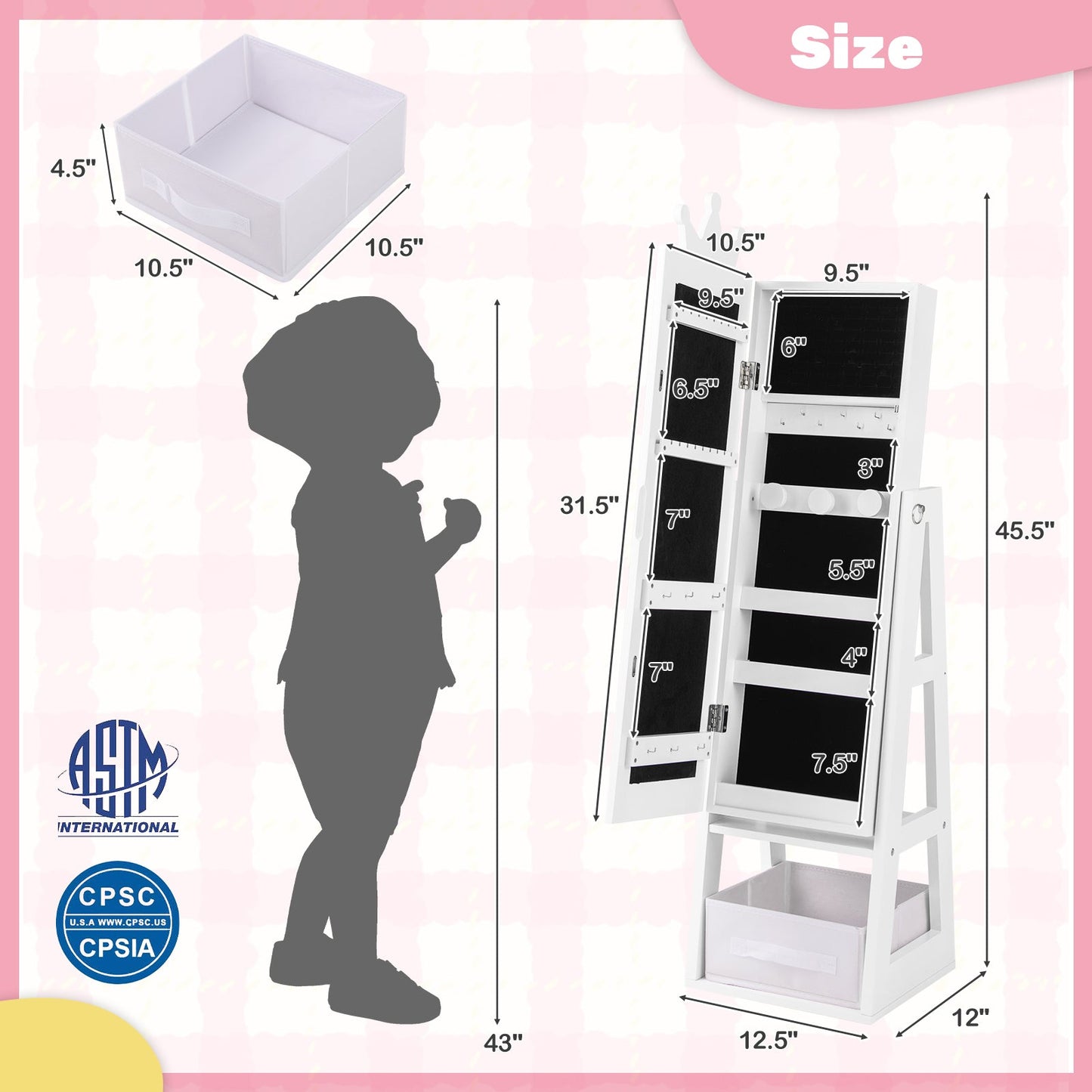 Armario de Joyería Infantil de Pie de Longitud Completa - Blanco