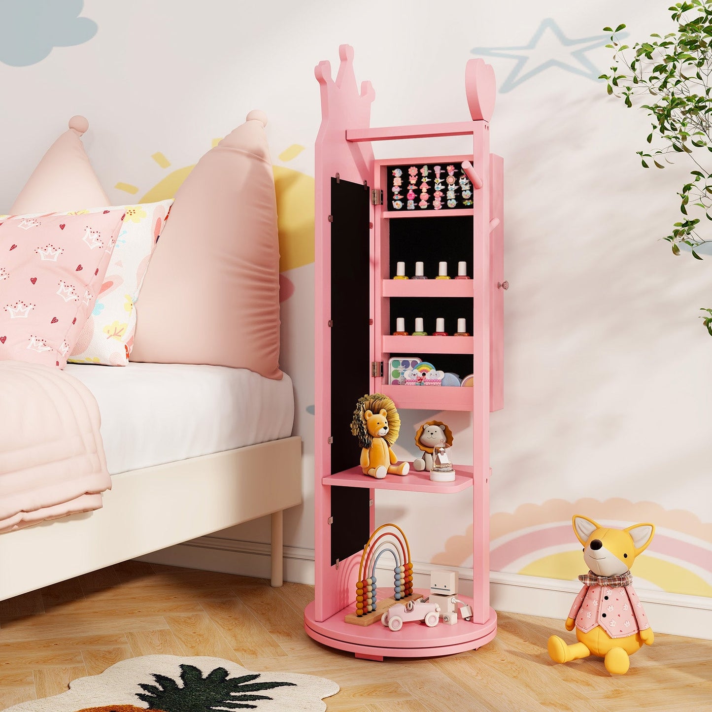 Armoire à bijoux pour enfants en miroir debout rose