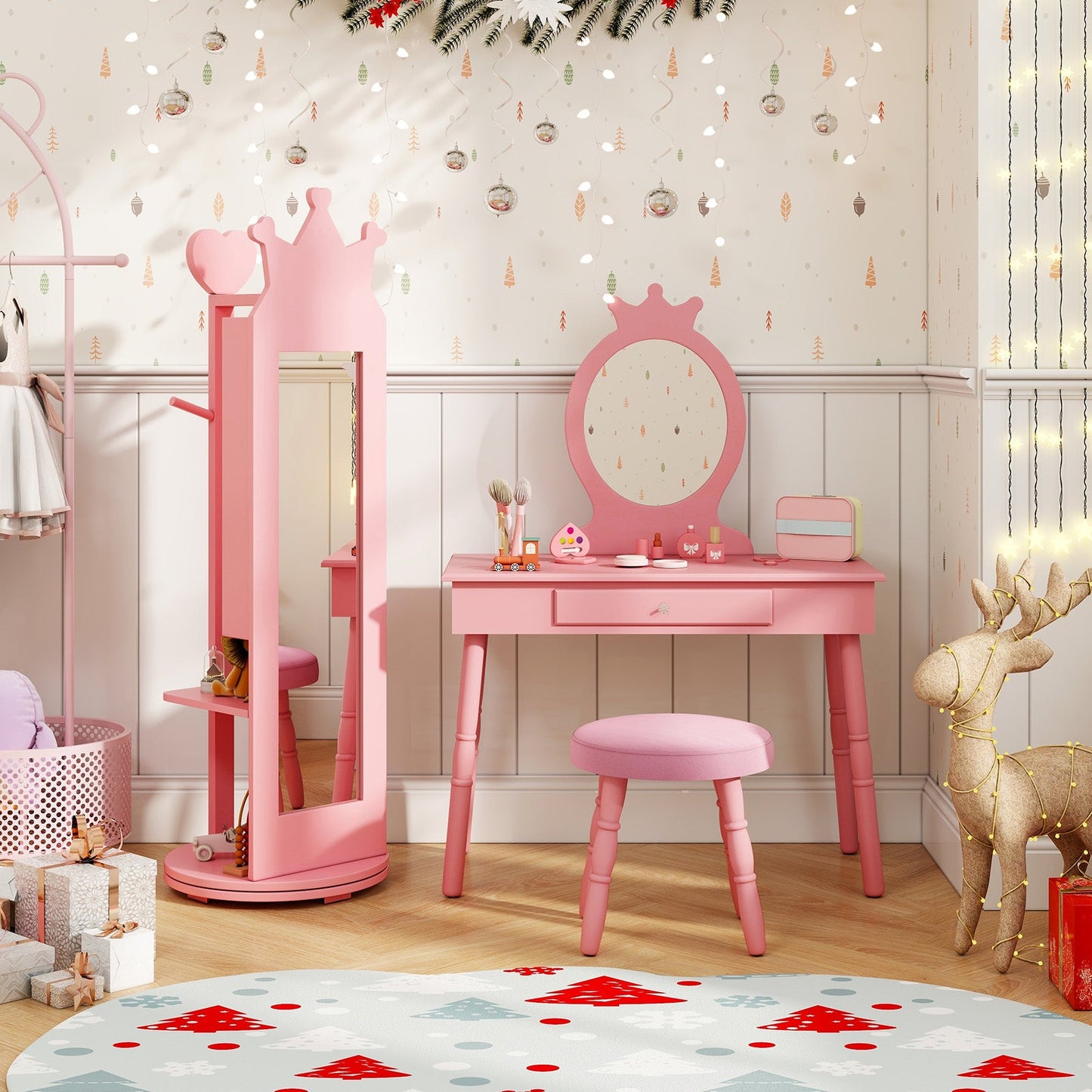 Armoire à bijoux pour enfants en miroir debout rose