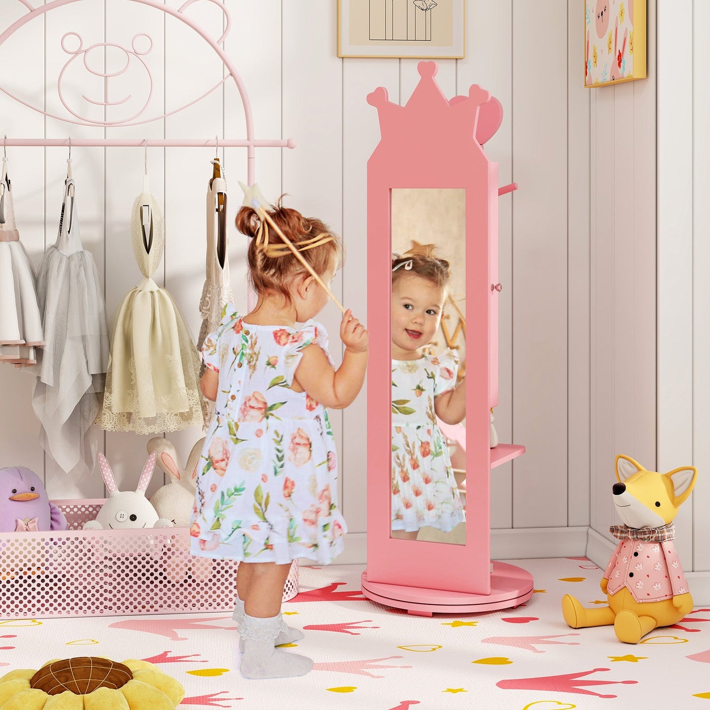 Armoire à bijoux pour enfants en miroir debout rose