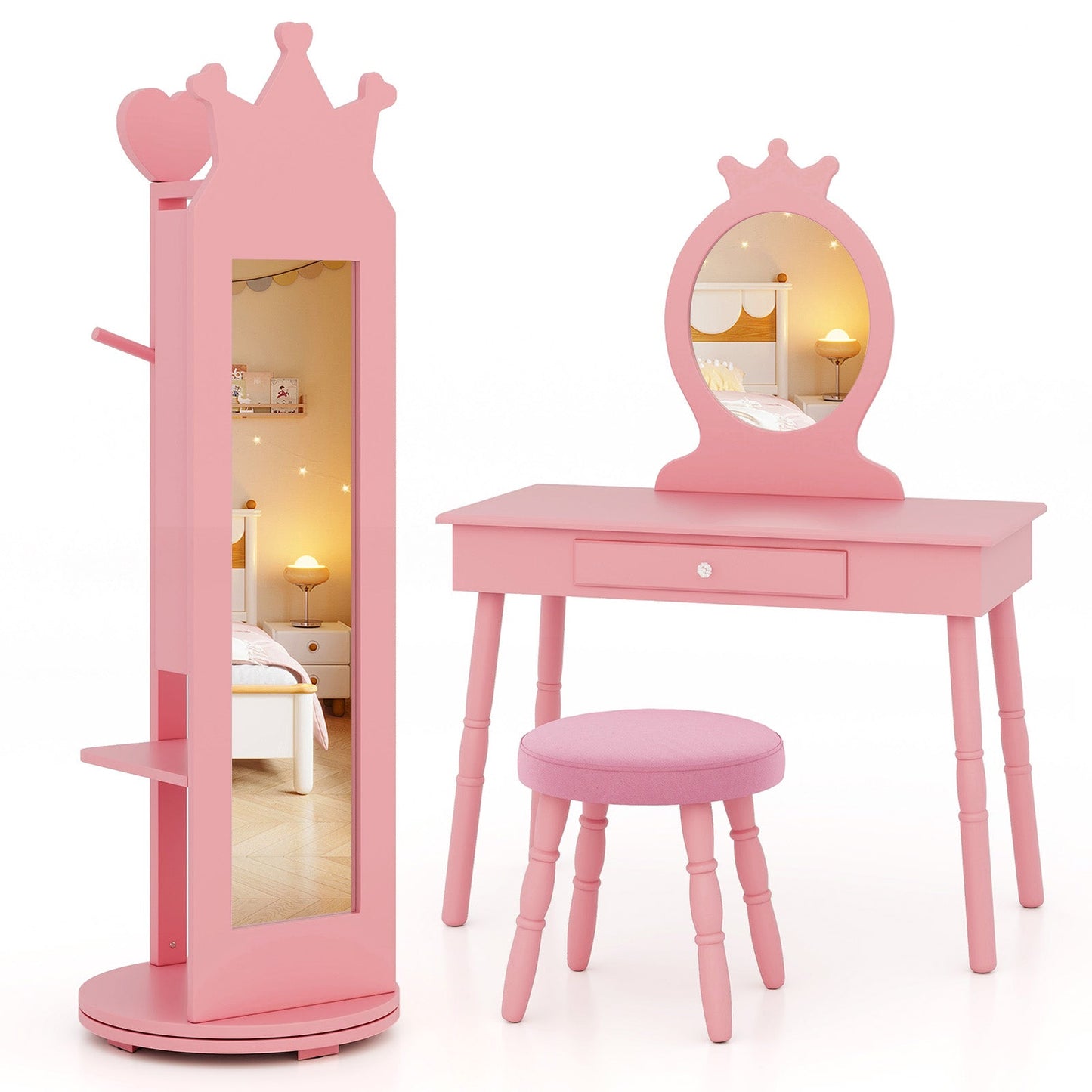 Armoire à bijoux pour enfants en miroir debout rose