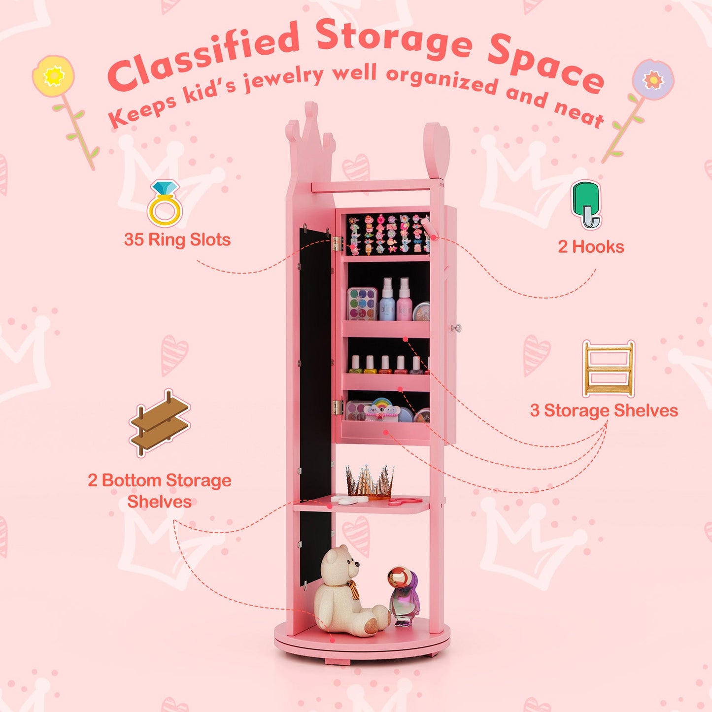 Armoire à bijoux pour enfants en miroir debout rose