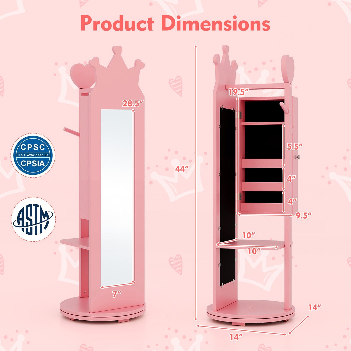 Armoire à bijoux pour enfants en miroir debout rose