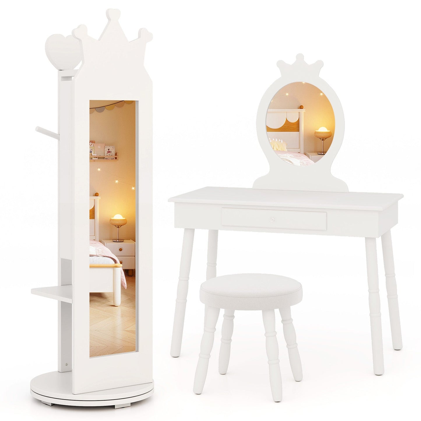 Armoire de Joyería para Niños con Espejo de Cuerpo Entero - Blanco