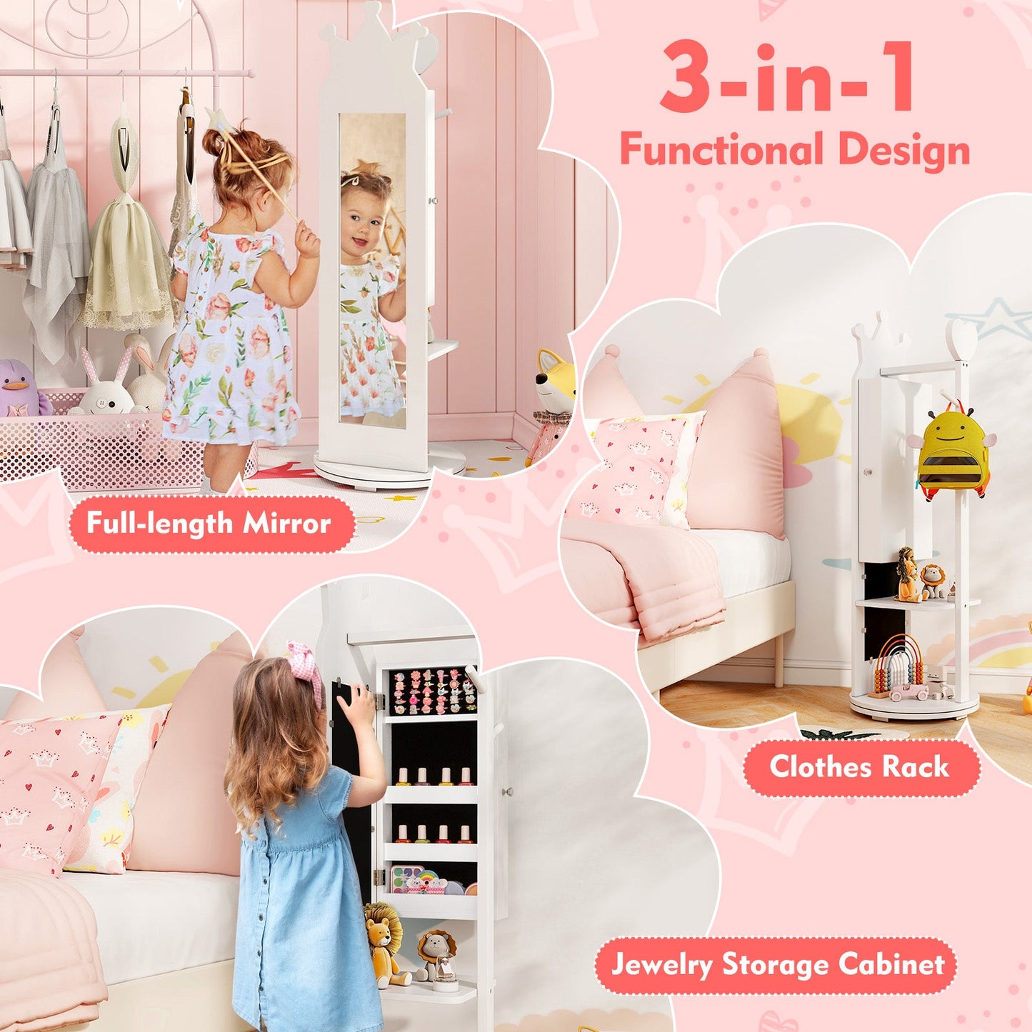Armoire de Joyería para Niños con Espejo de Cuerpo Entero - Blanco