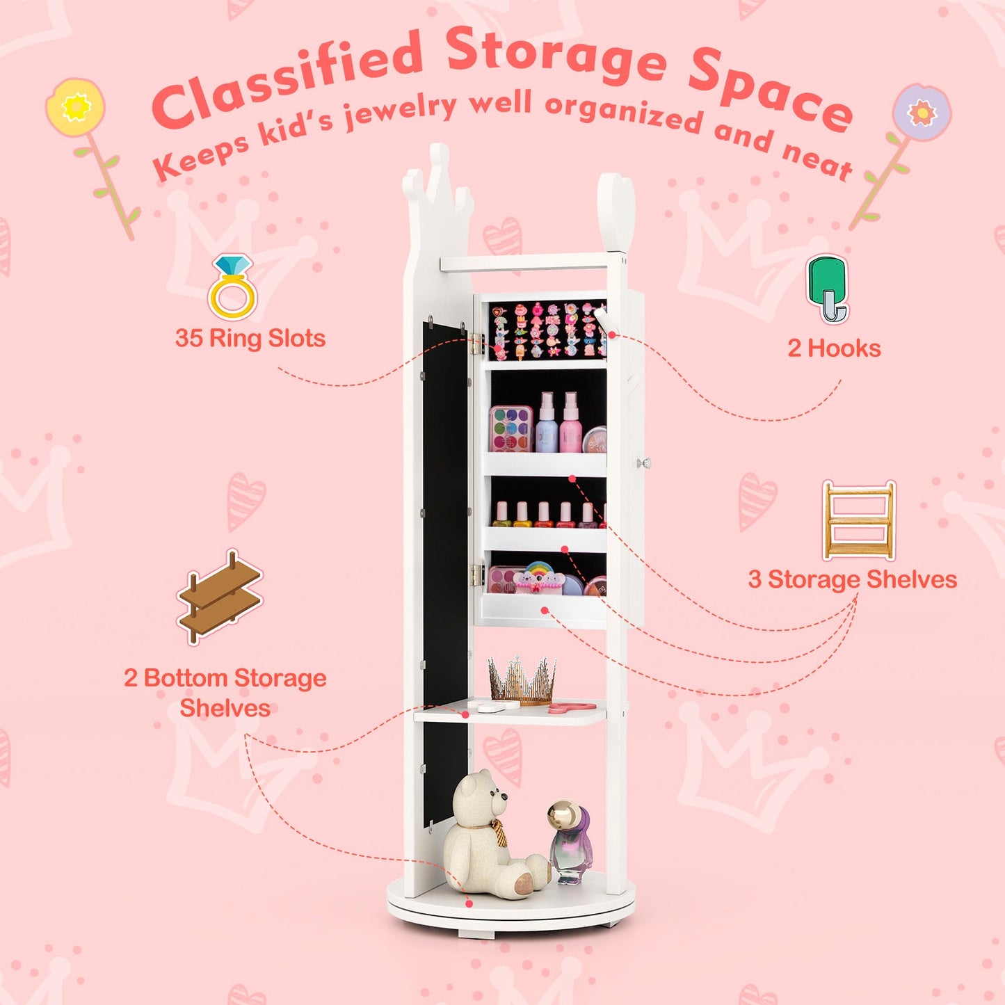 Armoire de Joyería para Niños con Espejo de Cuerpo Entero - Blanco