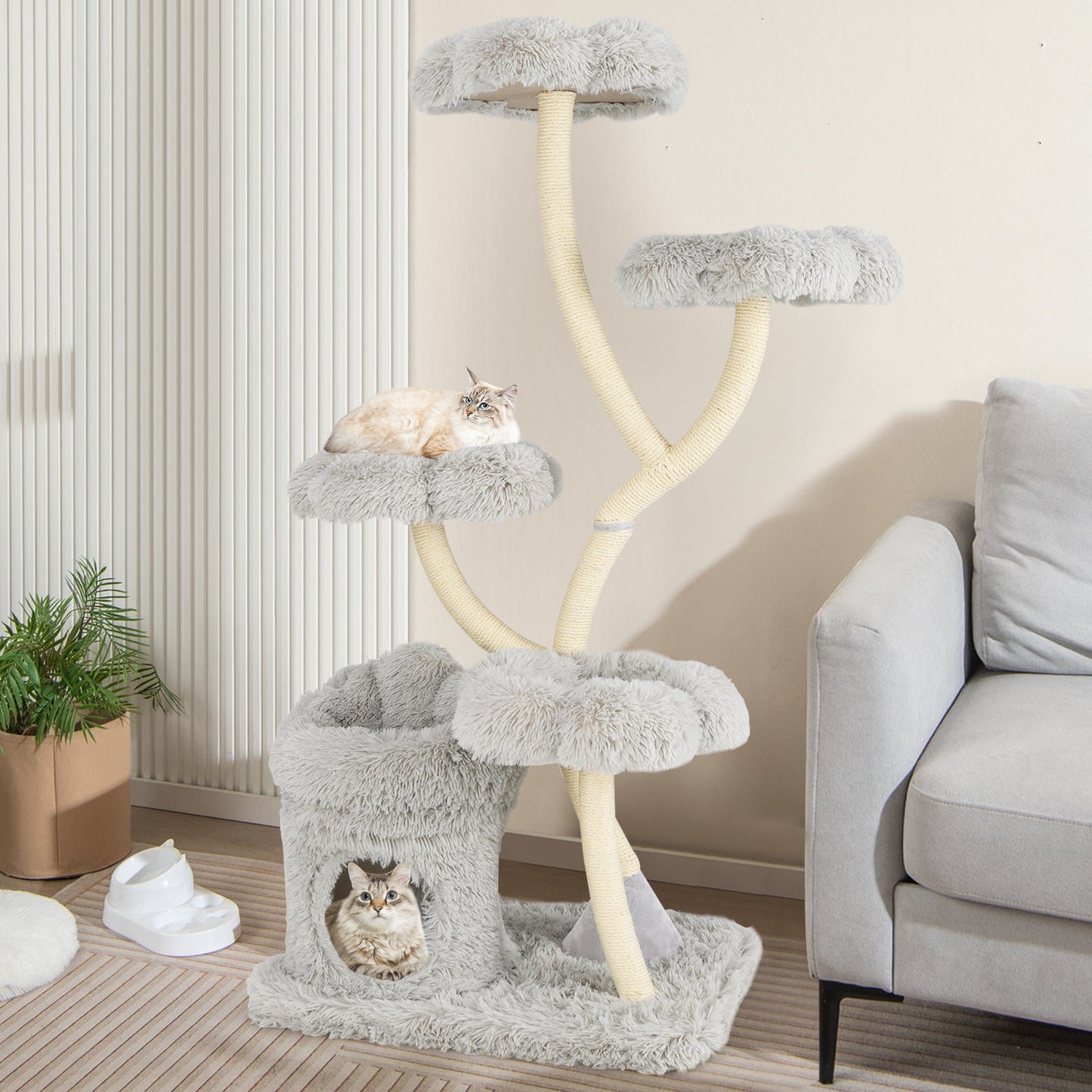 Freestanding Cat Tower with Flower Platforms and Scratching Posts - Gray