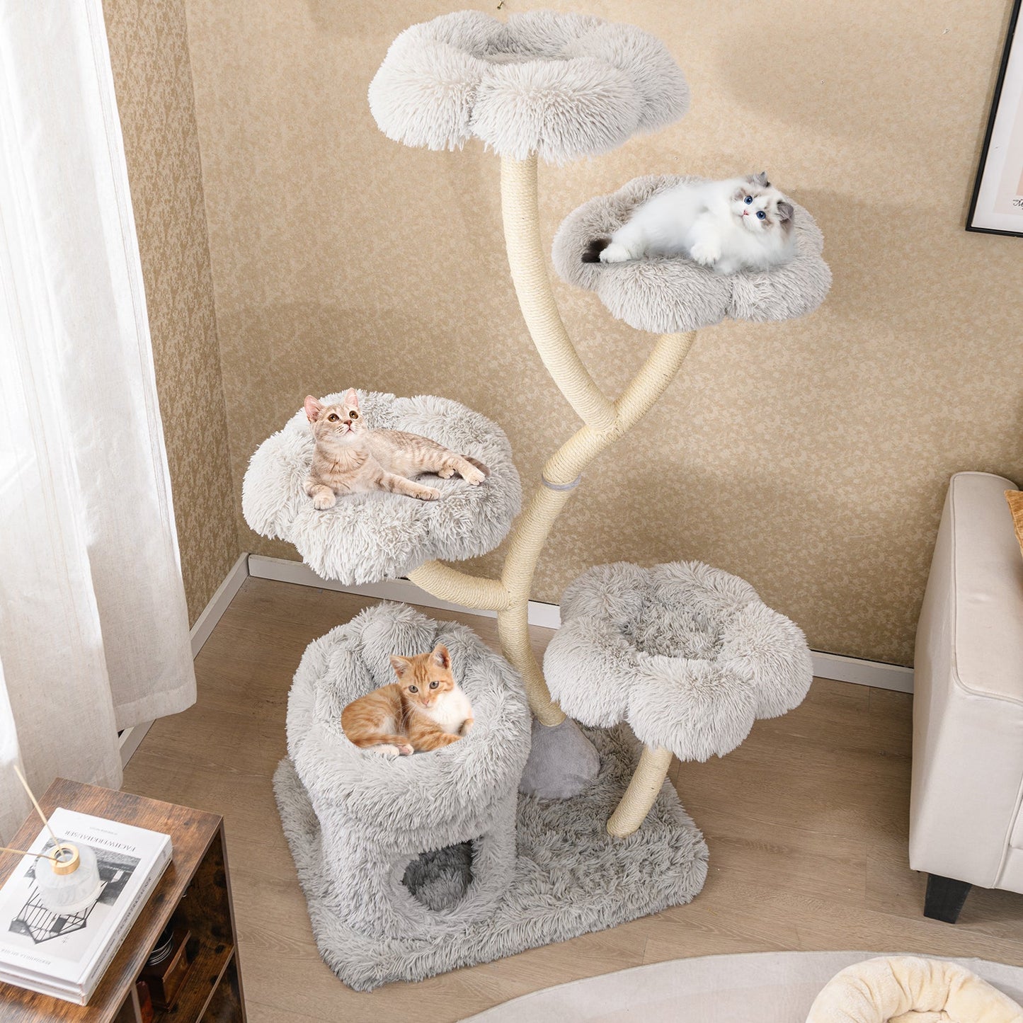 Freestanding Cat Tower with Flower Platforms and Scratching Posts - Gray
