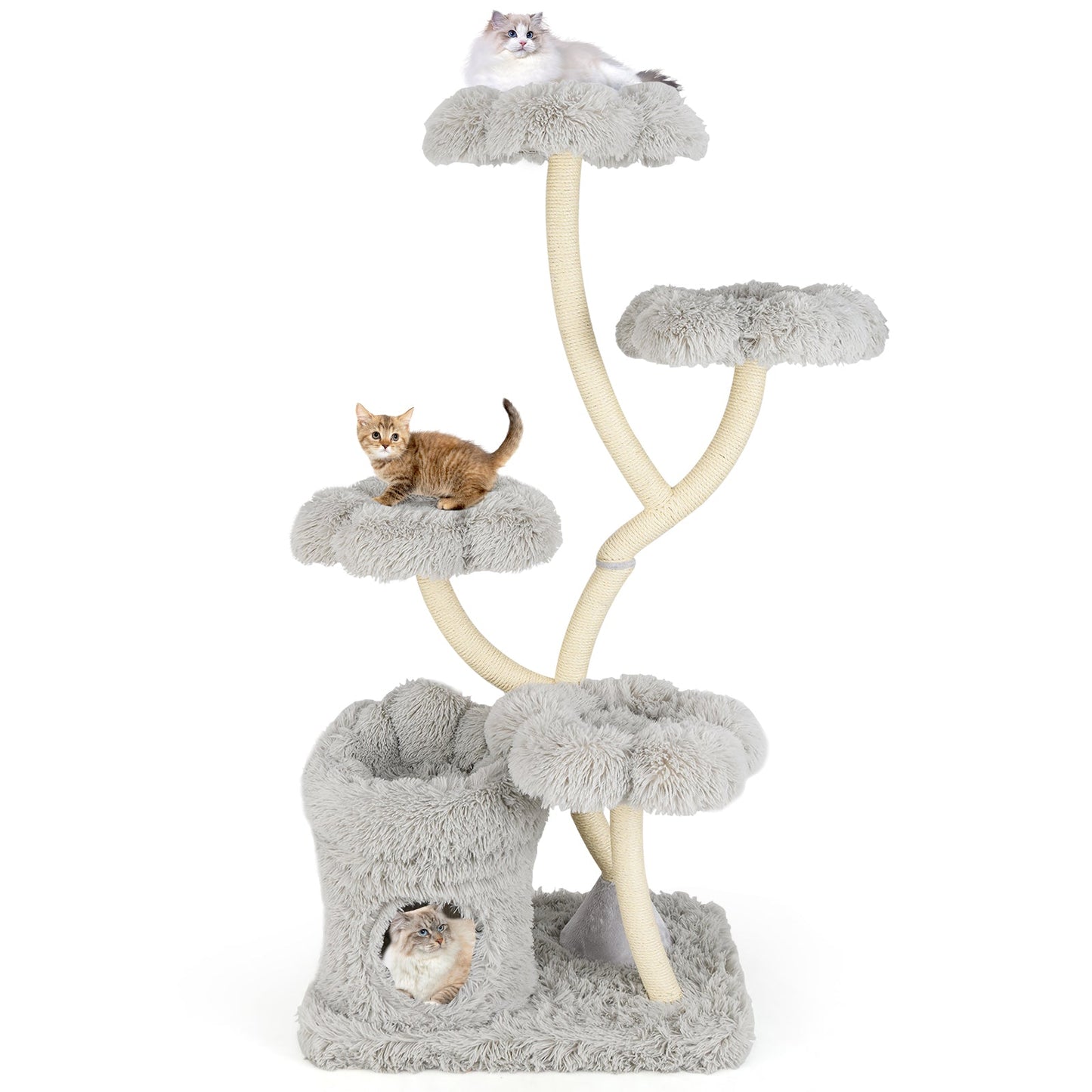 Freestanding Cat Tower with Flower Platforms and Scratching Posts - Gray