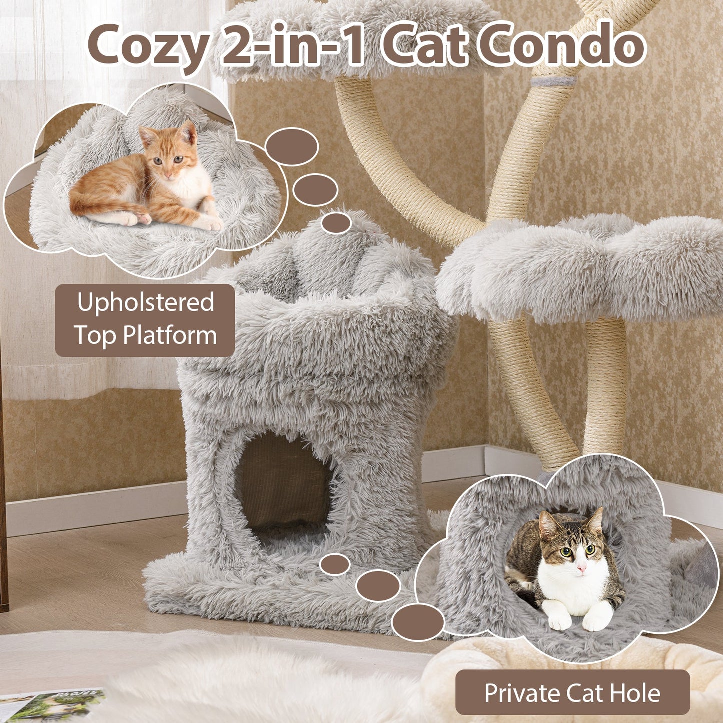 Freestanding Cat Tower with Flower Platforms and Scratching Posts - Gray