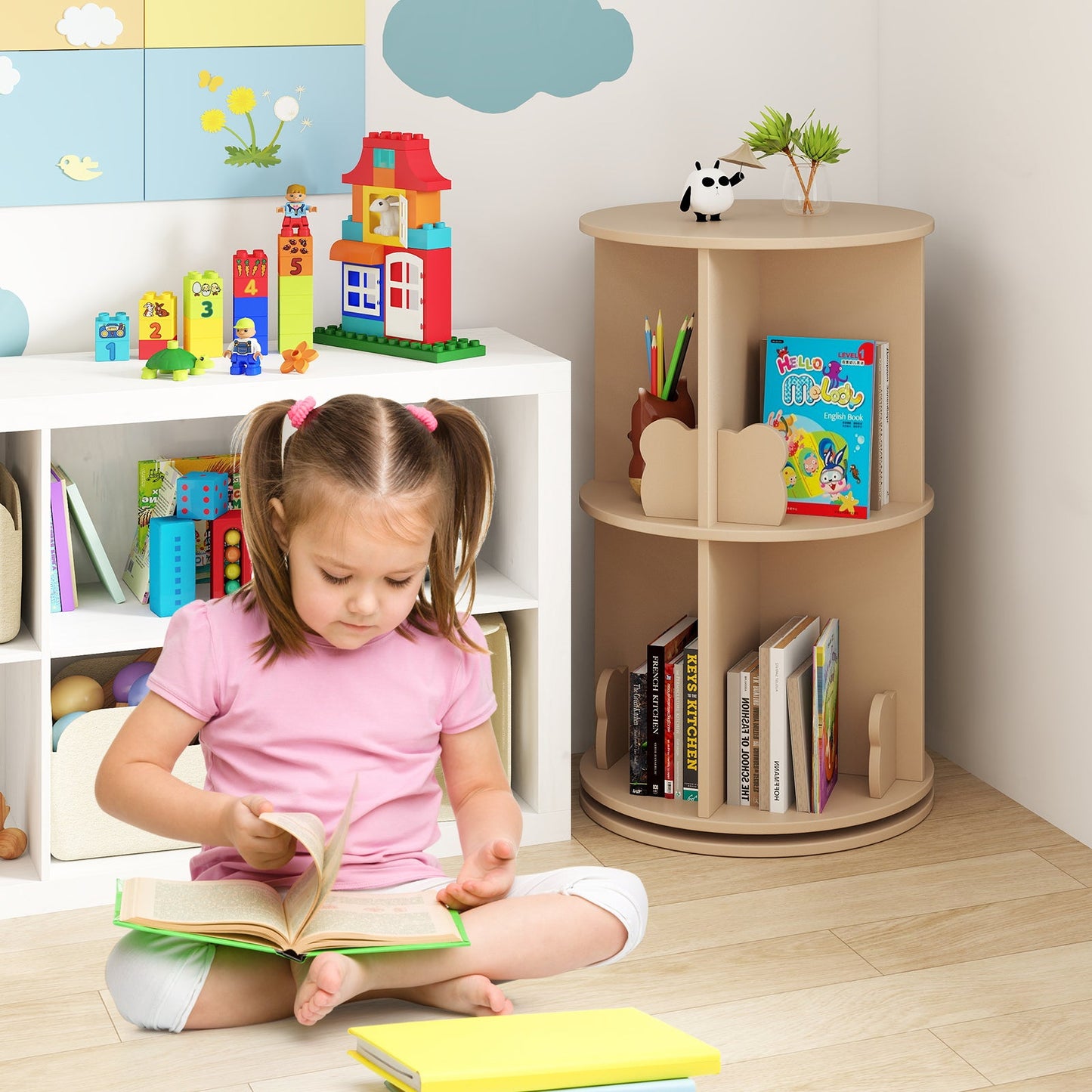 Estante de Libros Rotatorio de 2 Niveles para Niños con Barreras de Oso