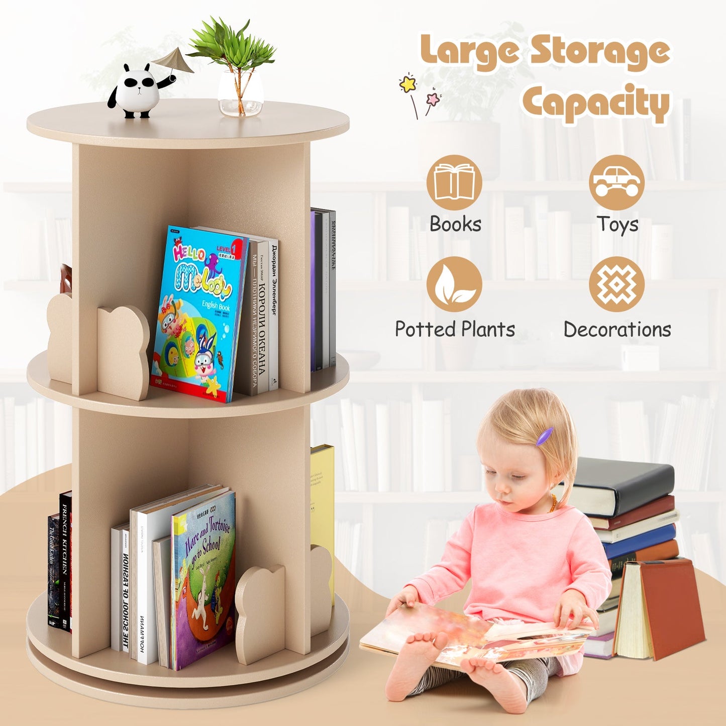 Estante de Libros Rotatorio de 2 Niveles para Niños con Barreras de Oso
