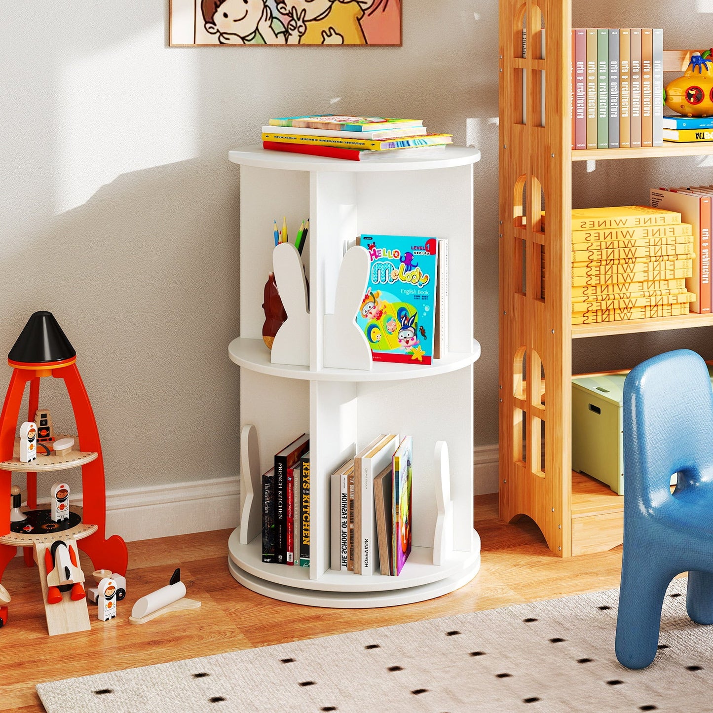 Estante de Libros Rotatorio para Niños de 2 Niveles con Barreras de Conejo - Blanco