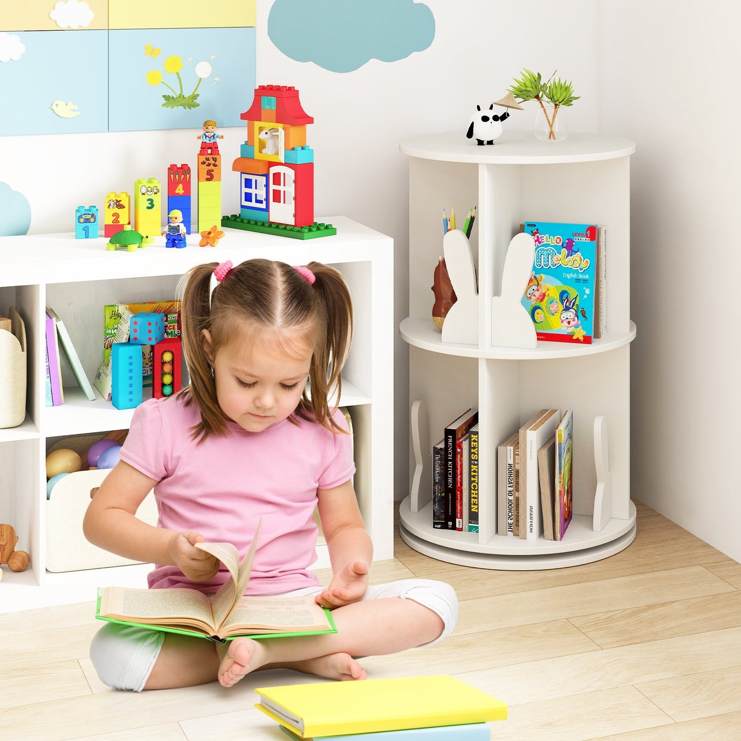 Estante de Libros Rotatorio para Niños de 2 Niveles con Barreras de Conejo - Blanco