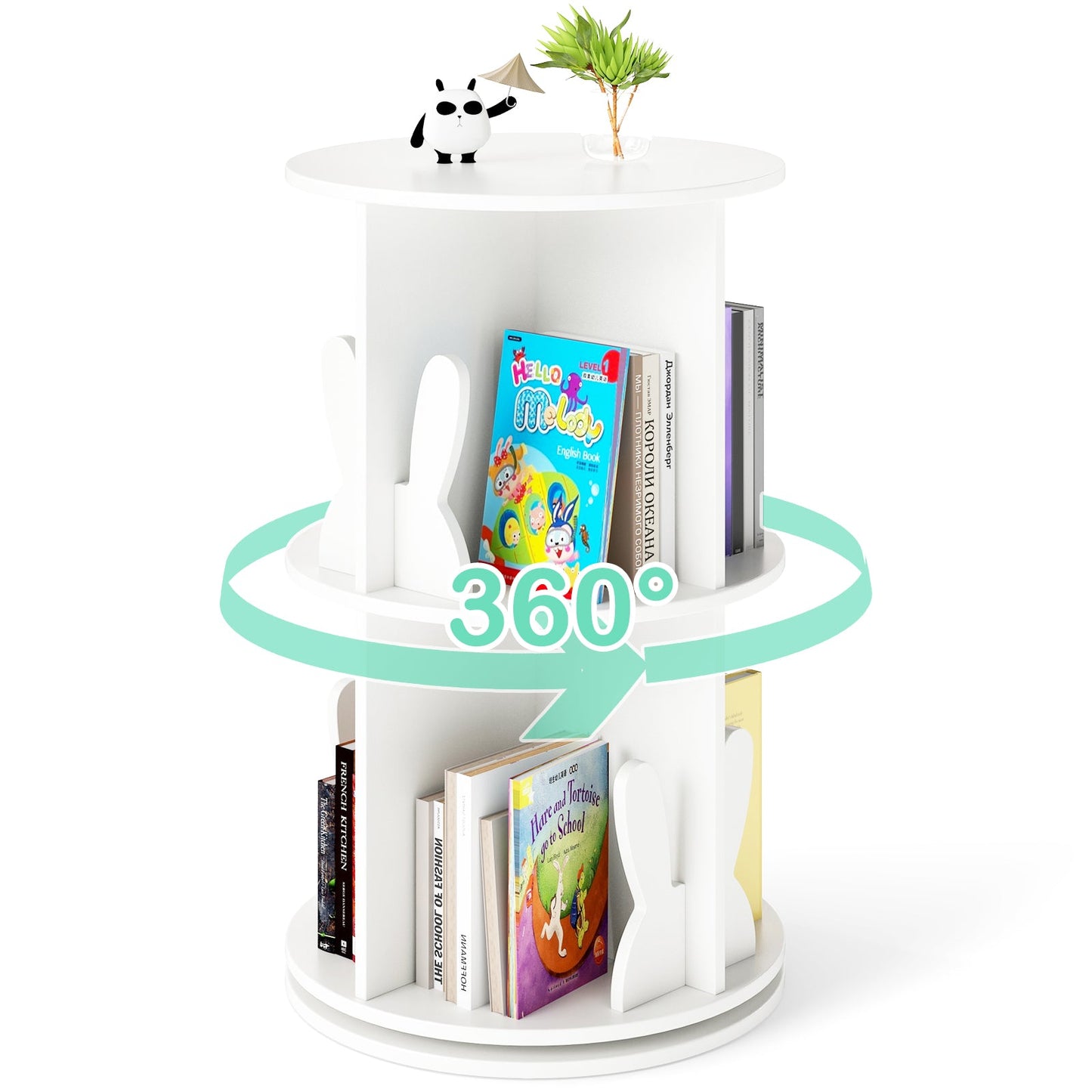 Estante de Libros Rotatorio para Niños de 2 Niveles con Barreras de Conejo - Blanco