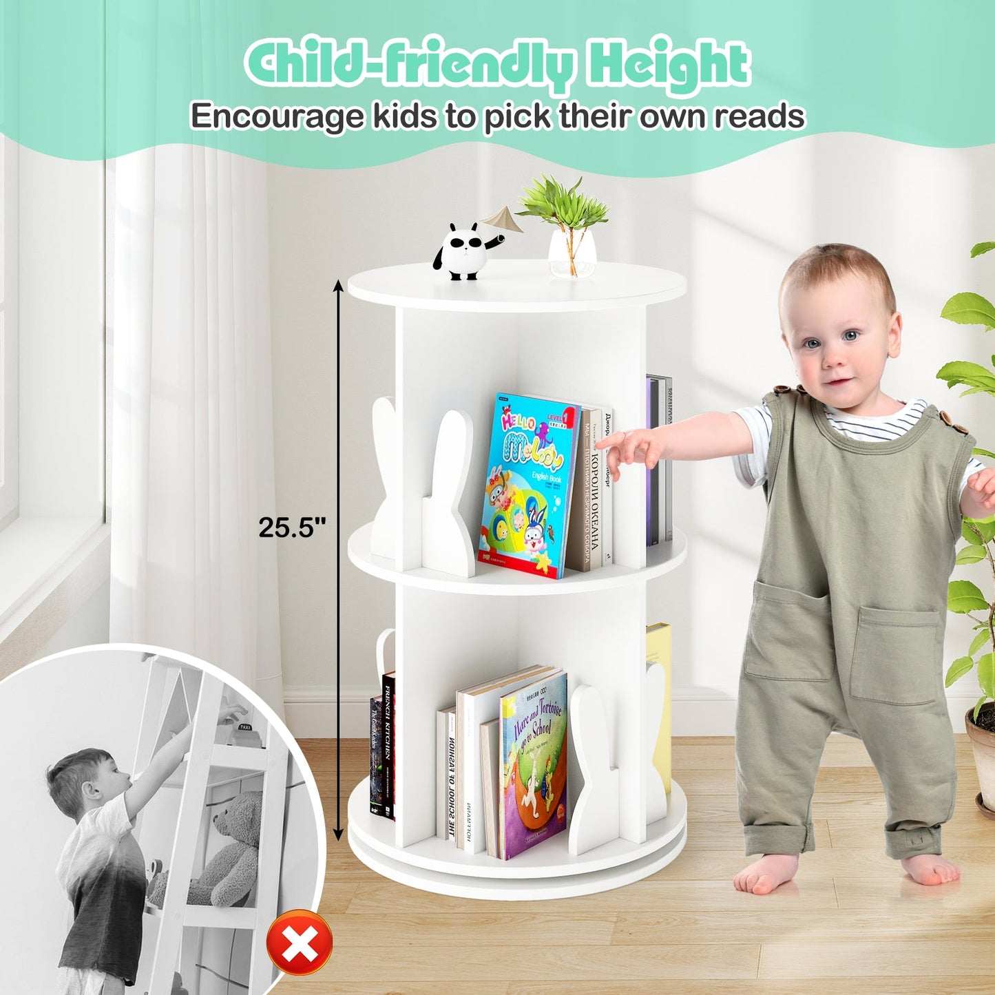 Estante de Libros Rotatorio para Niños de 2 Niveles con Barreras de Conejo - Blanco