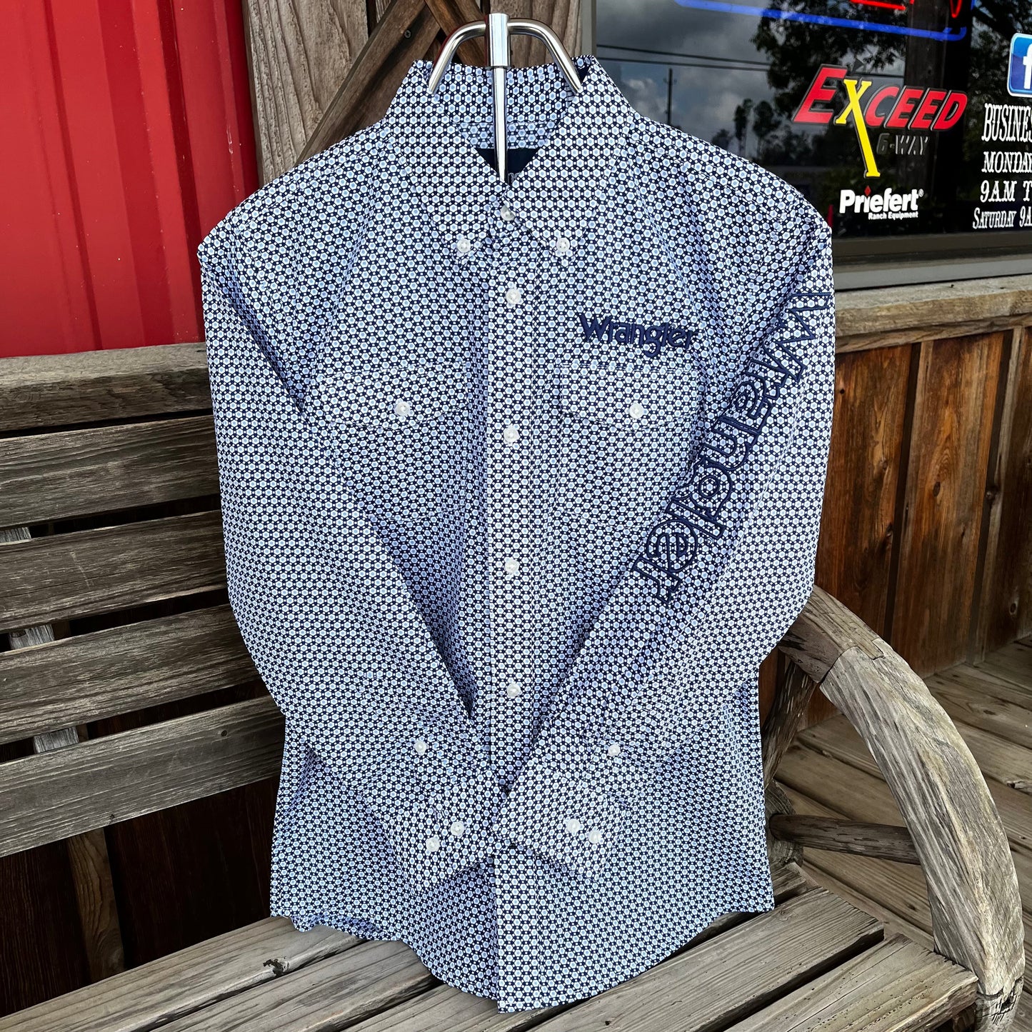 Wrangler Boys' Blue Geo Print Long Sleeve Shirt - Korvel