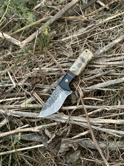 Premium 9" Damascus Steel Hunting Knife with Sheep Horn/Resin Handle & Leather Sheath - Korvel