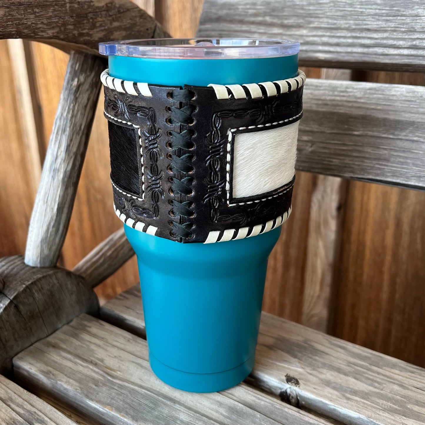Rustic Cowhide Leather Turquoise Tumbler - Korvel