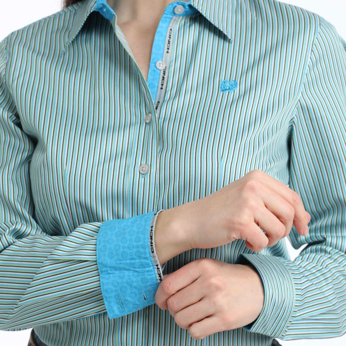 Stylish Blue and Green Striped Women's Cinch Shirt - Korvel