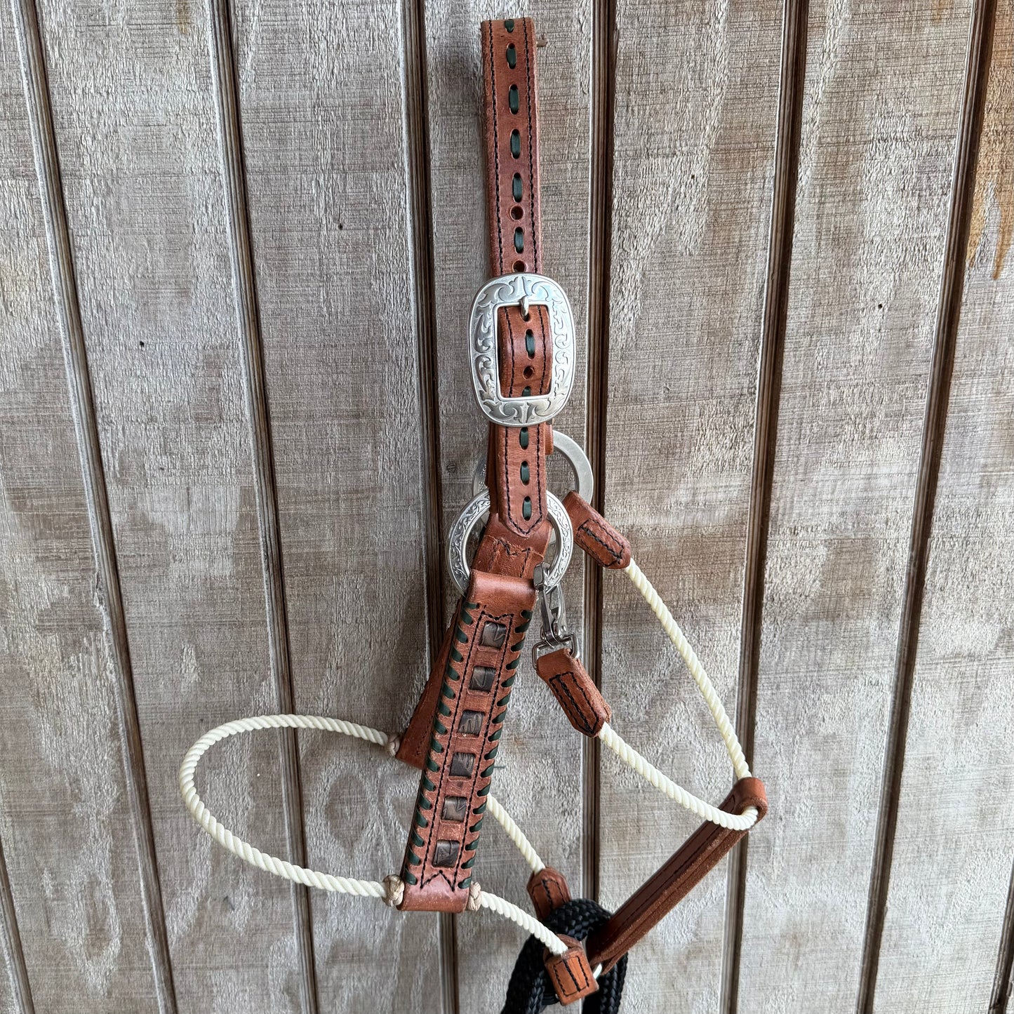 Halter en cuir deluxe avec nez en corde et franges