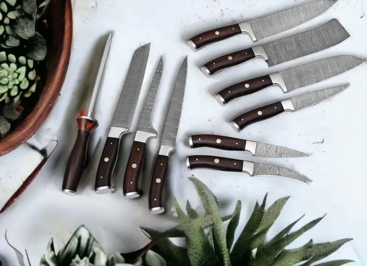 Premium 13" Damascus Steel Chef Knife Set with Rosewood Handle & Leather Sheath - Korvel