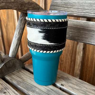 Rustic Cowhide Leather Turquoise Tumbler - Korvel