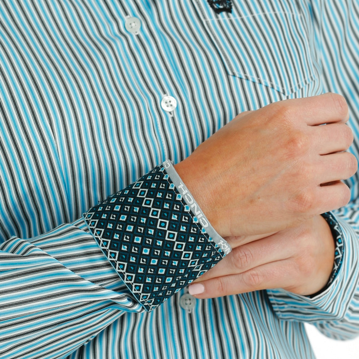 Stylish Blue and Grey Striped Women's Cinch Shirt - Korvel
