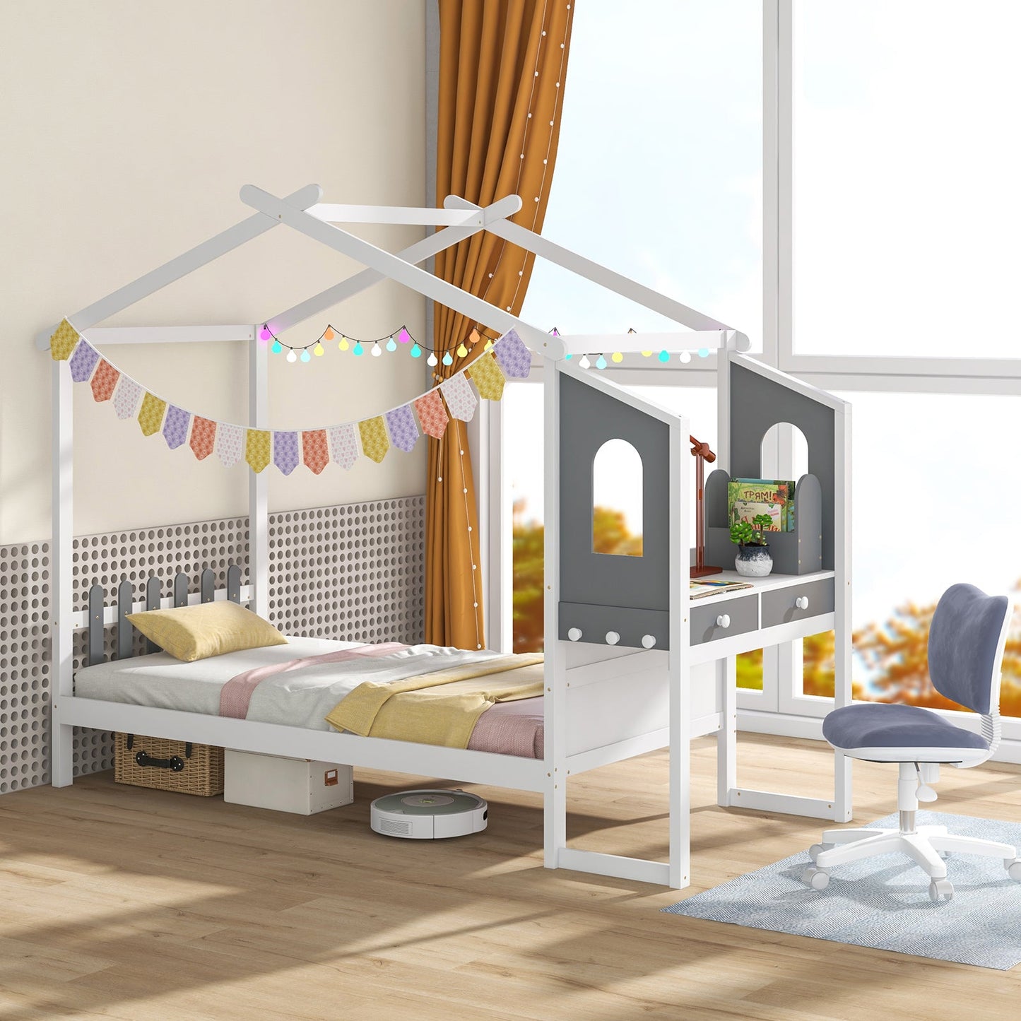 Estructura de Cama Twin/Full con Dosel en Forma de Casa para Niños