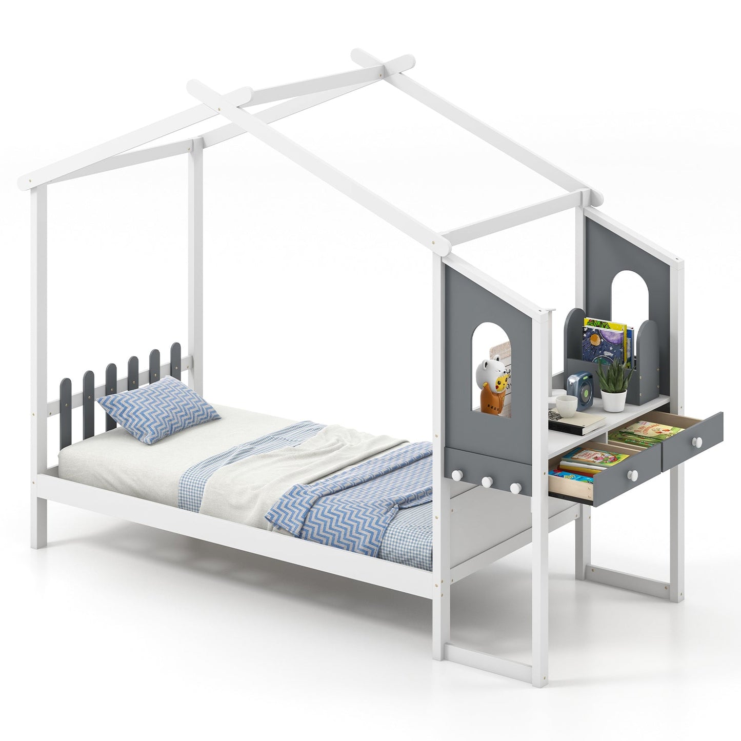 Estructura de Cama Twin/Full con Dosel en Forma de Casa para Niños