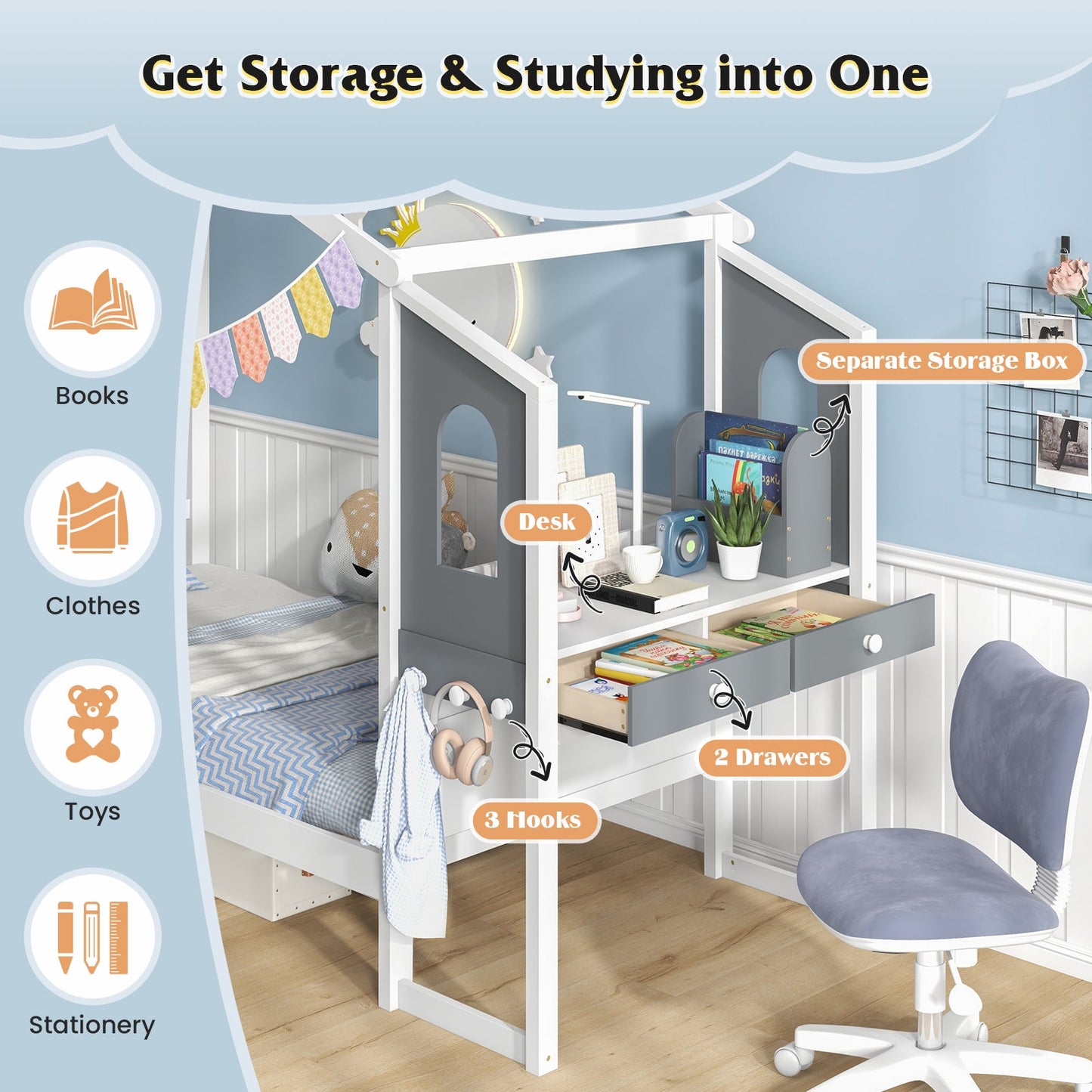 Estructura de Cama Twin/Full con Dosel en Forma de Casa para Niños