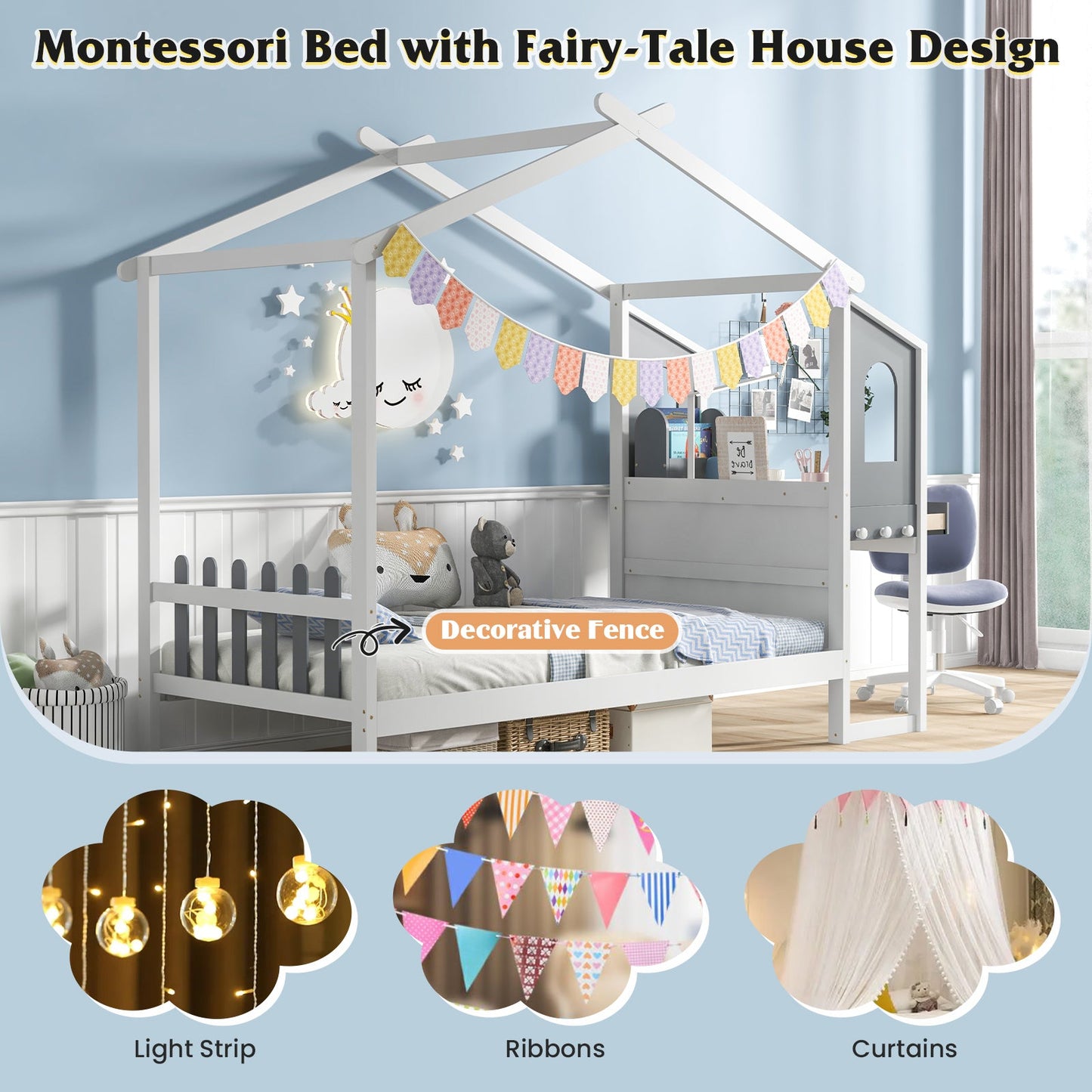 Estructura de Cama Twin/Full con Dosel en Forma de Casa para Niños