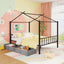 Cama de Casa de Metal de Tamaño Completo con Cajones de Tela para Niños - Negro
