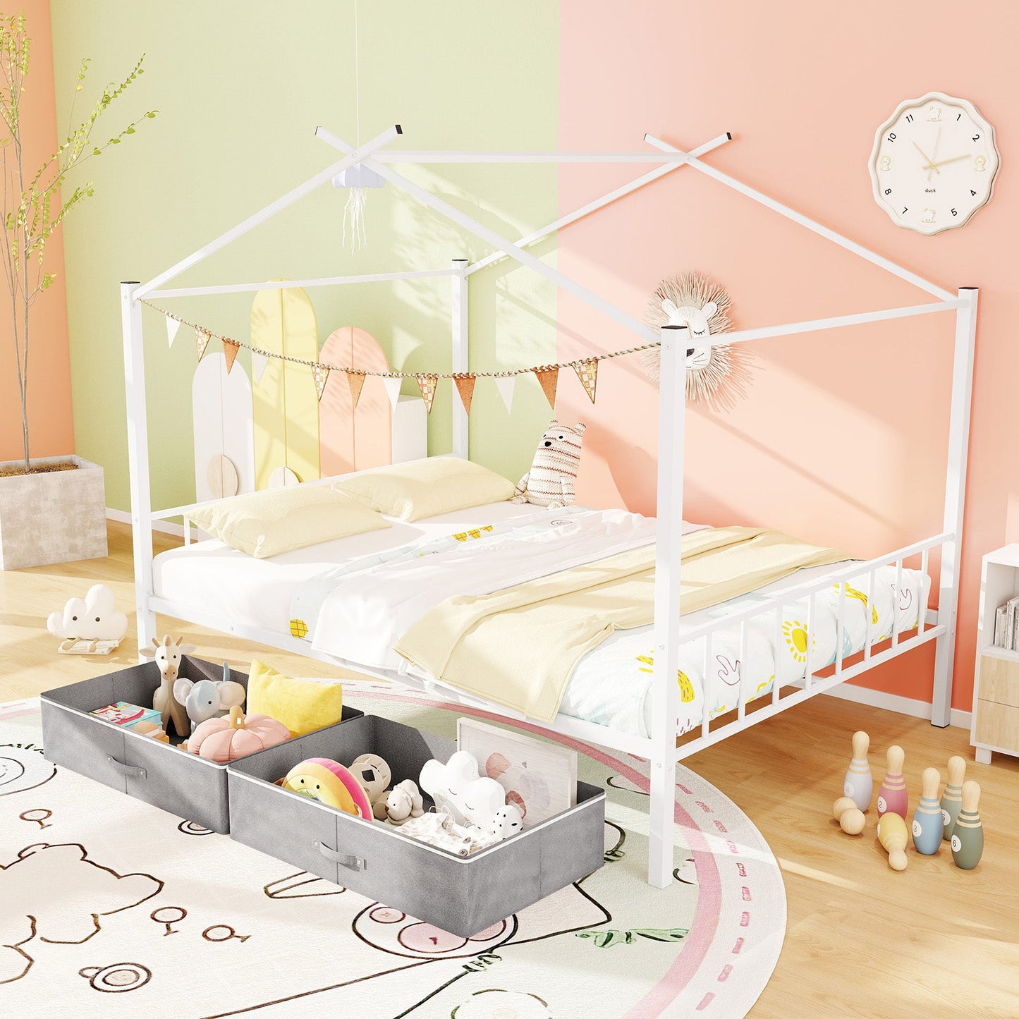 Full Size Metal House Bed with Fabric Drawers - White