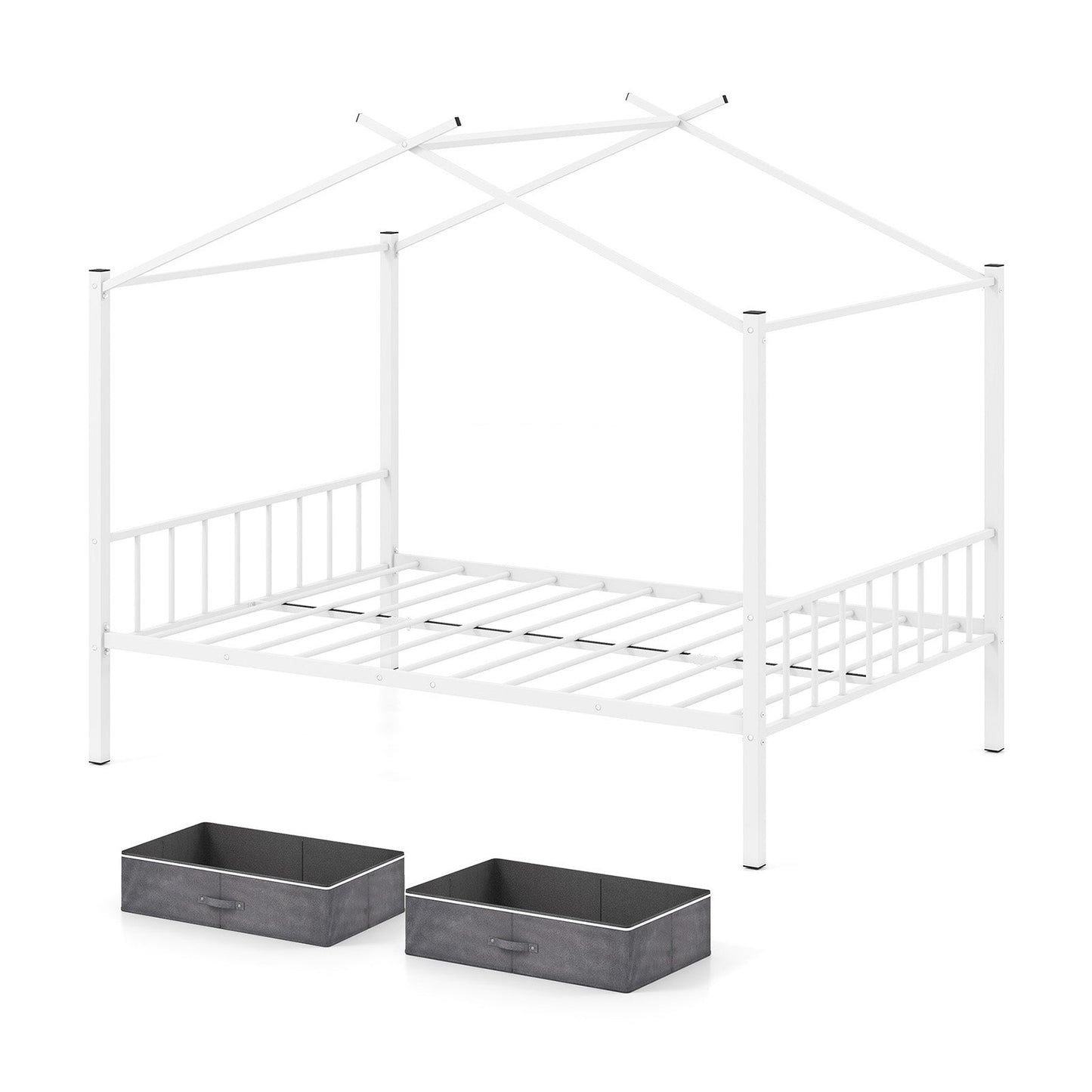 Full Size Metal House Bed with Fabric Drawers - White