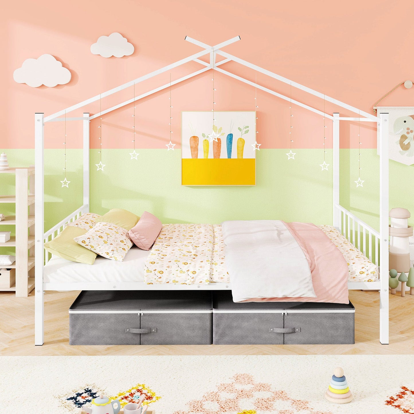 Full Size Metal House Bed with Fabric Drawers - White