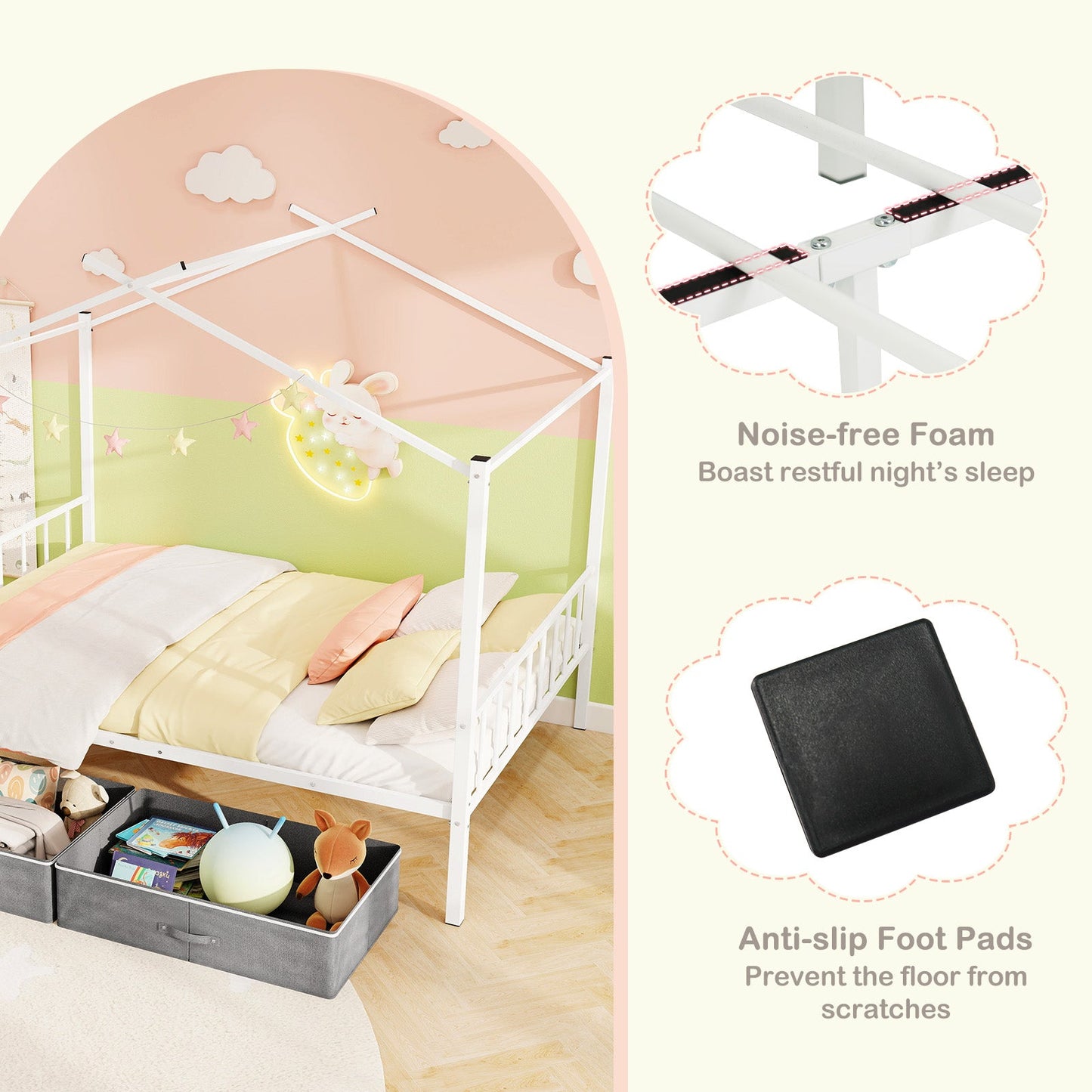 Full Size Metal House Bed with Fabric Drawers - White