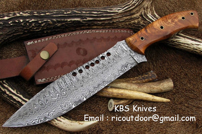 Premium Full Tang Bowie Knife with Artisan Damascus Steel Blade & Elegant Olive Wood Handle - 17 Inches - Korvel