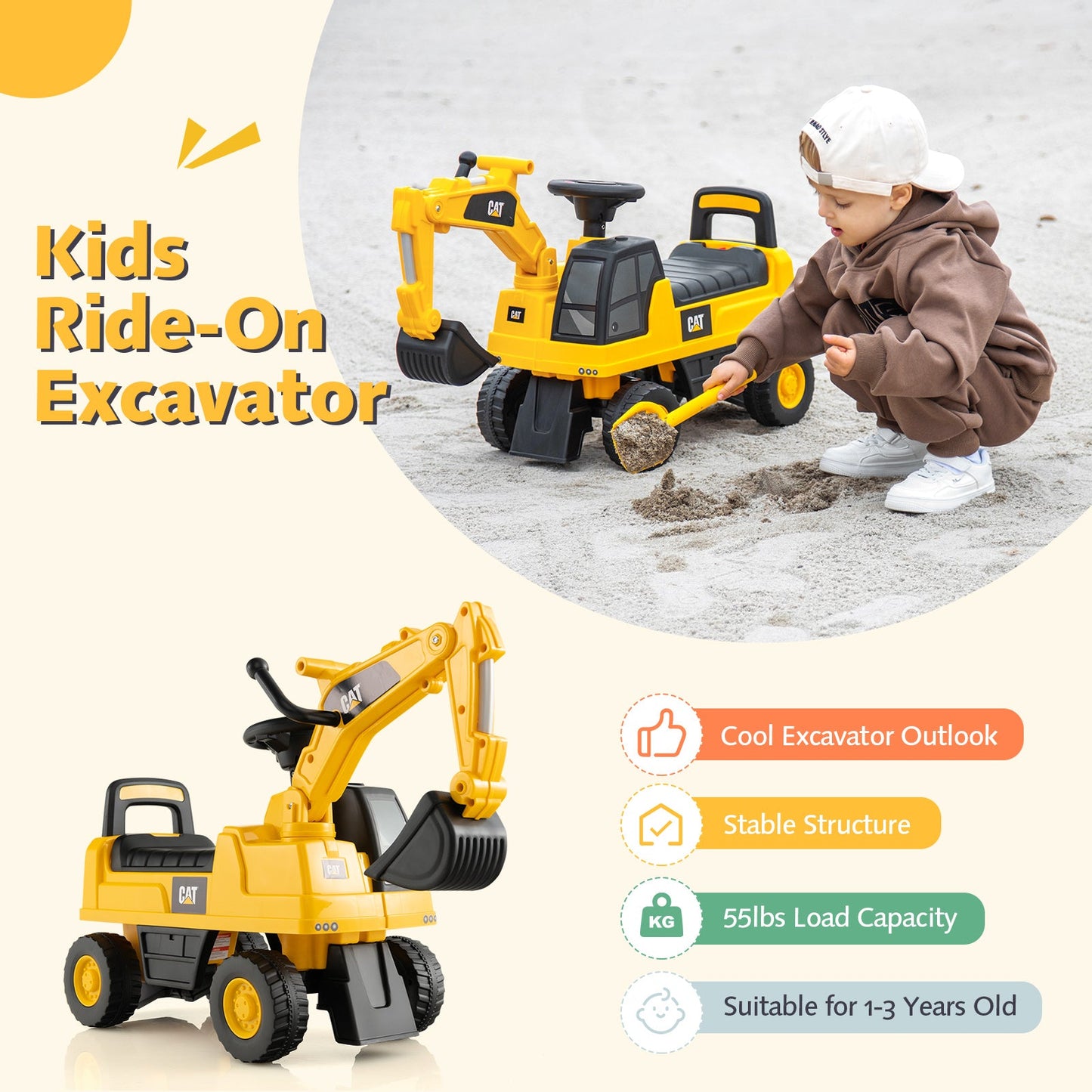 Digger à pédales Caterpillar pour enfants - Jaune