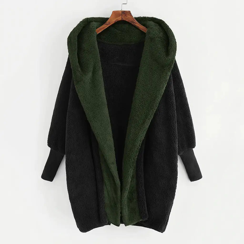 Abrigo Cardigan Suelto con Capucha de Terciopelo Doble Cara