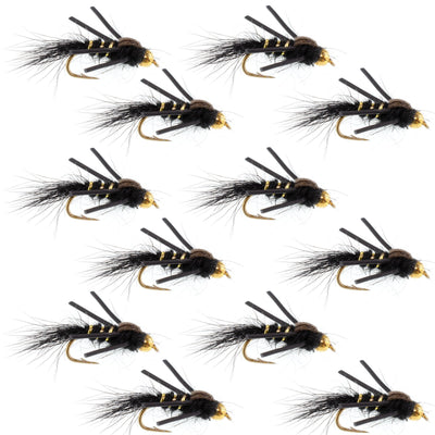 Premium Tungsten Bead Head Nymph with Rubber Legs - Black Gold Ribbed Hare's Ear (12 Pack, Size 16) - Korvel