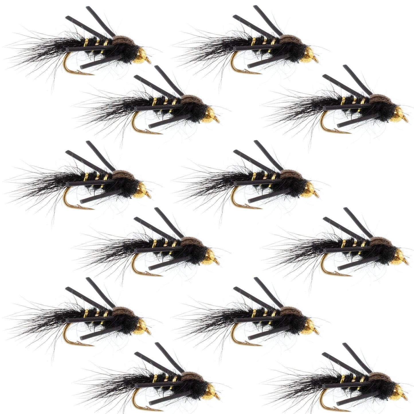 Premium Tungsten Bead Head Rubber Legs Black Gold Ribbed Hare's Ear Nymphs - 12 Pack Size 14 - Korvel