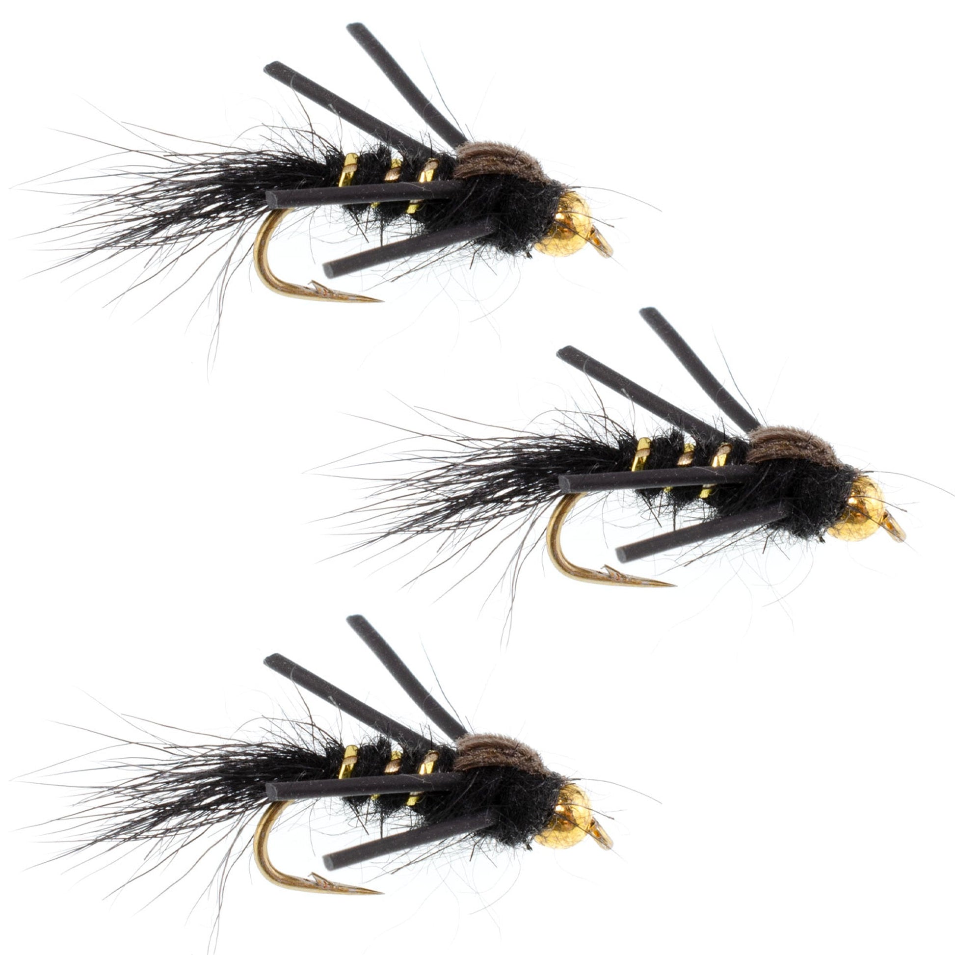 3 Pack Premium Tungsten Bead Head Rubber Legs Black Gold-Ribbed Hare's Ear Nymphs - Size 16 - Korvel