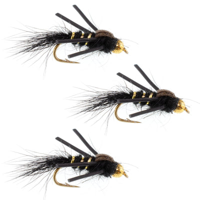 3 Pack Tungsten Bead Head Rubber Legs Black Gold-Ribbed Hare's Ear Trout Fly Nymph - Hook Size 14