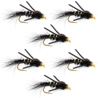 Premium Tungsten Bead Head Nymphs with Rubber Legs - Black Gold Ribbed Hare's Ear (Pack of 6, Size 16) - Korvel